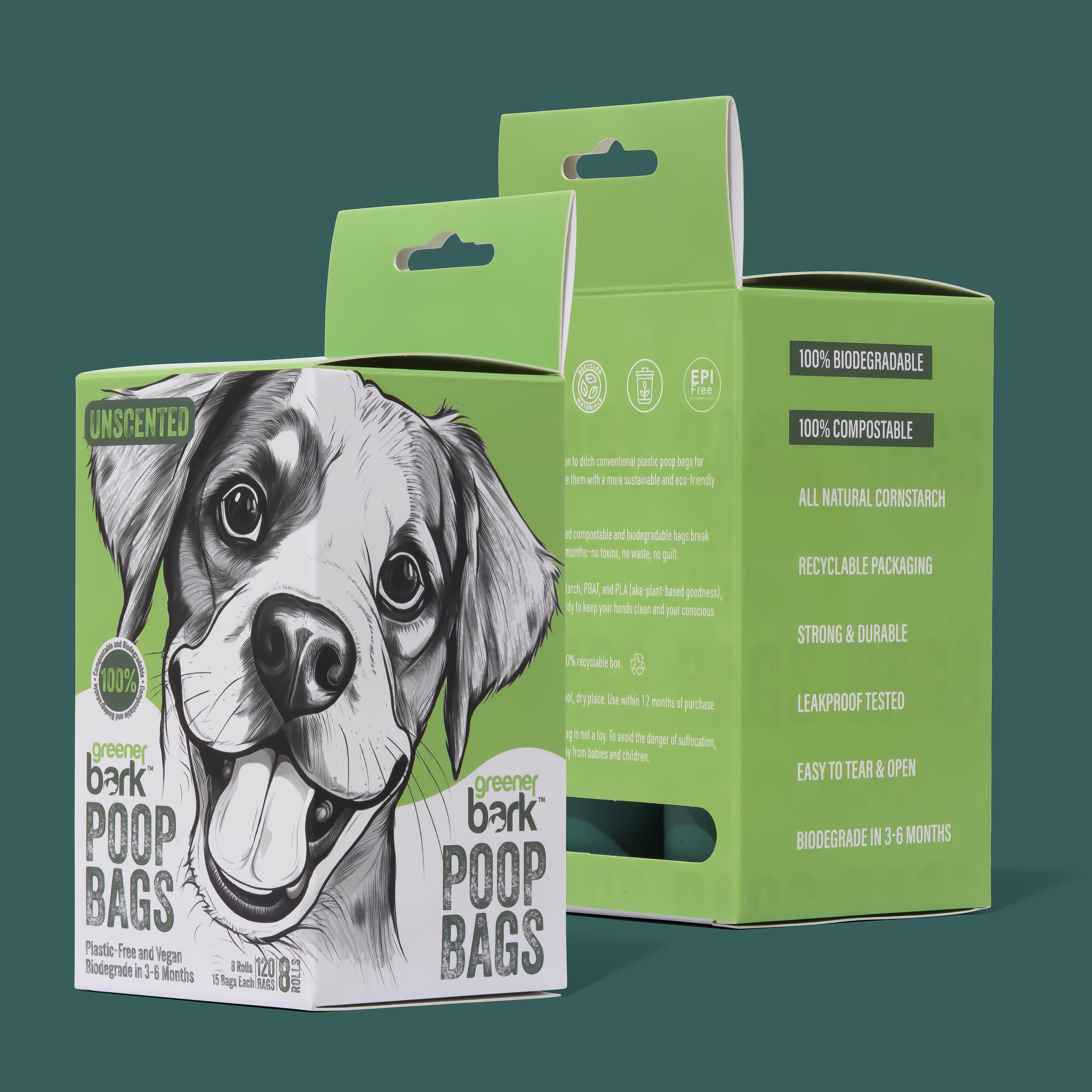 100% Compostable Dog Poop Bags - Pine (8 Rolls)